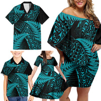New Zealand Rugby Pacific Personalised Family Matching Off Shoulder Short Dress and Hawaiian Shirt All Turquoise Maori Pasifika Fern Pattern