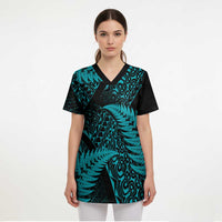 New Zealand Rugby Pacific Personalised Scrub Top All Turquoise Maori Pasifika Fern Pattern - Polynesian Pride