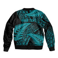 New Zealand Rugby Pacific Personalised Sleeve Zip Bomber Jacket All Turquoise Maori Pasifika Fern Pattern