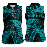 New Zealand Rugby Pacific Personalised Women Sleeveless Polo Shirt All Turquoise Maori Pasifika Fern Pattern