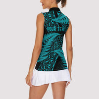 New Zealand Rugby Pacific Personalised Women Sleeveless Polo Shirt All Turquoise Maori Pasifika Fern Pattern