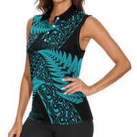 New Zealand Rugby Pacific Personalised Women Sleeveless Polo Shirt All Turquoise Maori Pasifika Fern Pattern