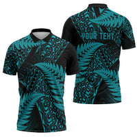 New Zealand Rugby Pacific Personalised Zipper Polo Shirt All Turquoise Maori Pasifika Fern Pattern - Polynesian Pride