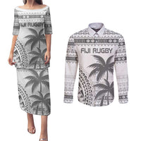 Custom Fiji Rugby Couples Matching Puletasi and Long Sleeve Button Shirt Polynesian Fijian Masi Palm Tree