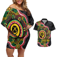 Vanuatu Personalised Couples Matching Off Shoulder Short Dress and Hawaiian Shirt Aboriginal Dot Paitnting LT9 Black - Polynesian Pride