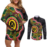 Vanuatu Personalised Couples Matching Off Shoulder Short Dress and Long Sleeve Button Shirt Aboriginal Dot Paitnting LT9 Black - Polynesian Pride