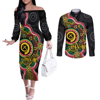 Vanuatu Personalised Couples Matching Off The Shoulder Long Sleeve Dress and Long Sleeve Button Shirt Aboriginal Dot Paitnting LT9 Black - Polynesian Pride