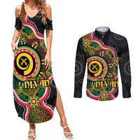 Vanuatu Personalised Couples Matching Summer Maxi Dress and Long Sleeve Button Shirt Aboriginal Dot Paitnting LT9 Black - Polynesian Pride