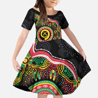 Vanuatu Personalised Family Matching Off Shoulder Maxi Dress and Hawaiian Shirt Aboriginal Dot Paitnting LT9 Daughter's Dress Black - Polynesian Pride