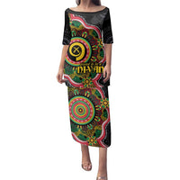 Vanuatu Personalised Family Matching Puletasi and Hawaiian Shirt Aboriginal Dot Paitnting LT9 Mom's Dress Black - Polynesian Pride