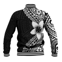 Lotu Tamaiti White Sunday Baseball Jacket Pacific Plumeria Flowers - Black Version LT9 - Polynesian Pride