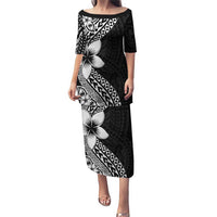 Lotu Tamaiti White Sunday Puletasi Pacific Plumeria Flowers - Black Version LT9 Long Dress Black - Polynesian Pride