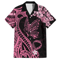 Polynesian Floral Butterfly Family Matching Off Shoulder Short Dress and Hawaiian Shirt Breast Cancer Pink Ribbon LT9 Dad's Shirt - Short Sleeve Pink - Polynesian Pride