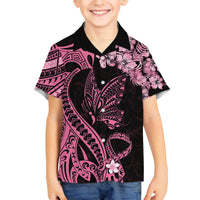 Polynesian Floral Butterfly Kid Hawaiian Shirt Breast Cancer Pink Ribbon LT9 - Polynesian Pride