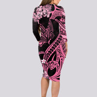 Polynesian Floral Butterfly Long Sleeve Bodycon Dress Breast Cancer Pink Ribbon LT9 - Polynesian Pride