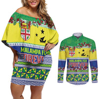 Personalised Malampa Fiji Forever Couples Matching Off Shoulder Short Dress and Long Sleeve Button Shirt Tagimoucia Polynesian Sand Drawing - Polynesian Pride