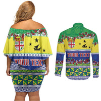 Personalised Malampa Fiji Forever Couples Matching Off Shoulder Short Dress and Long Sleeve Button Shirt Tagimoucia Polynesian Sand Drawing - Polynesian Pride