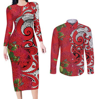 Personalised New Zealand Koru Pohutukawa Couples Matching Long Sleeve Bodycon Dress and Long Sleeve Button Shirt Meri Kirihimete Aroha for Christmas - Polynesian Pride