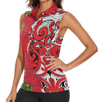 Personalised New Zealand Koru Pohutukawa Women Sleeveless Polo Shirt Meri Kirihimete Aroha for Christmas - Polynesian Pride