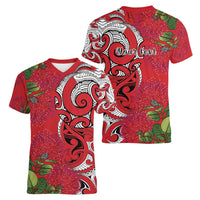 Personalised New Zealand Koru Pohutukawa Women V-Neck T-Shirt Meri Kirihimete Aroha for Christmas - Polynesian Pride