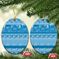 Hawaiian Hibiscus Honu Ceramic Ornament Blue Mele Kalikimaka Palaka Spirit - Polynesian Pride