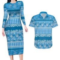 Hawaiian Hibiscus Honu Couples Matching Long Sleeve Bodycon Dress and Hawaiian Shirt Blue Mele Kalikimaka Palaka Spirit - Polynesian Pride