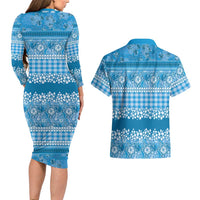 Hawaiian Hibiscus Honu Couples Matching Long Sleeve Bodycon Dress and Hawaiian Shirt Blue Mele Kalikimaka Palaka Spirit - Polynesian Pride