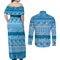 Hawaiian Hibiscus Honu Couples Matching Off Shoulder Maxi Dress and Long Sleeve Button Shirt Blue Mele Kalikimaka Palaka Spirit - Polynesian Pride