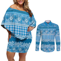 Hawaiian Hibiscus Honu Couples Matching Off Shoulder Short Dress and Long Sleeve Button Shirt Blue Mele Kalikimaka Palaka Spirit - Polynesian Pride