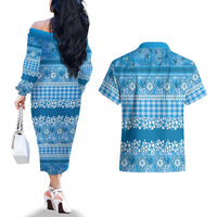 Hawaiian Hibiscus Honu Couples Matching Off The Shoulder Long Sleeve Dress and Hawaiian Shirt Blue Mele Kalikimaka Palaka Spirit - Polynesian Pride