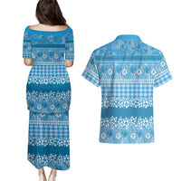 Hawaiian Hibiscus Honu Couples Matching Puletasi and Hawaiian Shirt Blue Mele Kalikimaka Palaka Spirit - Polynesian Pride