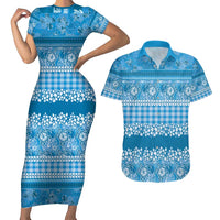 Hawaiian Hibiscus Honu Couples Matching Short Sleeve Bodycon Dress and Hawaiian Shirt Blue Mele Kalikimaka Palaka Spirit - Polynesian Pride