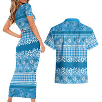 Hawaiian Hibiscus Honu Couples Matching Short Sleeve Bodycon Dress and Hawaiian Shirt Blue Mele Kalikimaka Palaka Spirit - Polynesian Pride