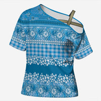 Hawaiian Hibiscus Honu Cross Shoulder Shirt Blue Mele Kalikimaka Palaka Spirit LT9 Female Blue - Polynesian Pride
