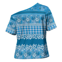 Hawaiian Hibiscus Honu Cross Shoulder Shirt Blue Mele Kalikimaka Palaka Spirit LT9 - Polynesian Pride