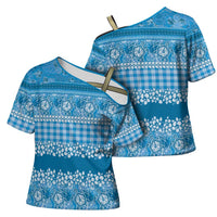 Hawaiian Hibiscus Honu Cross Shoulder Shirt Blue Mele Kalikimaka Palaka Spirit LT9 - Polynesian Pride