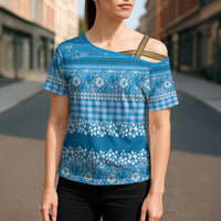 Hawaiian Hibiscus Honu Cross Shoulder Shirt Blue Mele Kalikimaka Palaka Spirit LT9 - Polynesian Pride