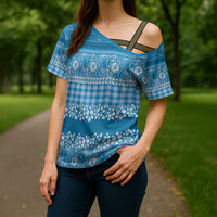 Hawaiian Hibiscus Honu Cross Shoulder Shirt Blue Mele Kalikimaka Palaka Spirit LT9 - Polynesian Pride