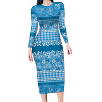 Hawaiian Hibiscus Honu Family Matching Long Sleeve Bodycon Dress and Hawaiian Shirt Blue Mele Kalikimaka Palaka Spirit - Polynesian Pride