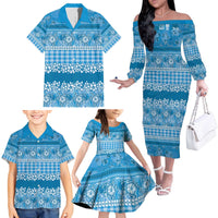 Hawaiian Hibiscus Honu Family Matching Off The Shoulder Long Sleeve Dress and Hawaiian Shirt Blue Mele Kalikimaka Palaka Spirit - Polynesian Pride