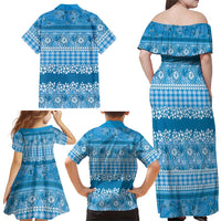 Hawaiian Hibiscus Honu Family Matching Off Shoulder Maxi Dress and Hawaiian Shirt Blue Mele Kalikimaka Palaka Spirit - Polynesian Pride