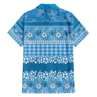 Hawaiian Hibiscus Honu Family Matching Off Shoulder Short Dress and Hawaiian Shirt Blue Mele Kalikimaka Palaka Spirit - Polynesian Pride