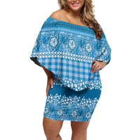 Hawaiian Hibiscus Honu Family Matching Off Shoulder Short Dress and Hawaiian Shirt Blue Mele Kalikimaka Palaka Spirit - Polynesian Pride