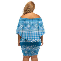 Hawaiian Hibiscus Honu Family Matching Off Shoulder Short Dress and Hawaiian Shirt Blue Mele Kalikimaka Palaka Spirit - Polynesian Pride