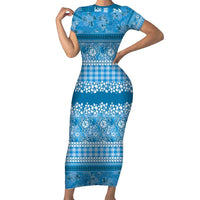 Hawaiian Hibiscus Honu Family Matching Short Sleeve Bodycon Dress and Hawaiian Shirt Blue Mele Kalikimaka Palaka Spirit - Polynesian Pride