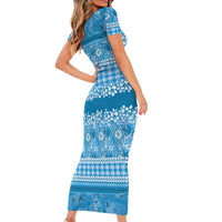 Hawaiian Hibiscus Honu Family Matching Short Sleeve Bodycon Dress and Hawaiian Shirt Blue Mele Kalikimaka Palaka Spirit - Polynesian Pride