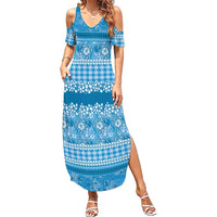 Hawaiian Hibiscus Honu Family Matching Summer Maxi Dress and Hawaiian Shirt Blue Mele Kalikimaka Palaka Spirit - Polynesian Pride