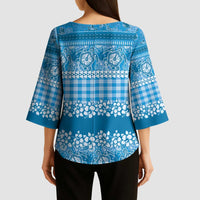 Hawaiian Hibiscus Honu Kimono Sleeve Blouse Blue Mele Kalikimaka Palaka Spirit - Polynesian Pride
