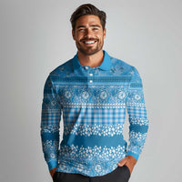 Hawaiian Hibiscus Honu Long Sleeve Polo Shirt Blue Mele Kalikimaka Palaka Spirit - Polynesian Pride