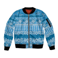 Hawaiian Hibiscus Honu Sleeve Zip Bomber Jacket Blue Mele Kalikimaka Palaka Spirit - Polynesian Pride